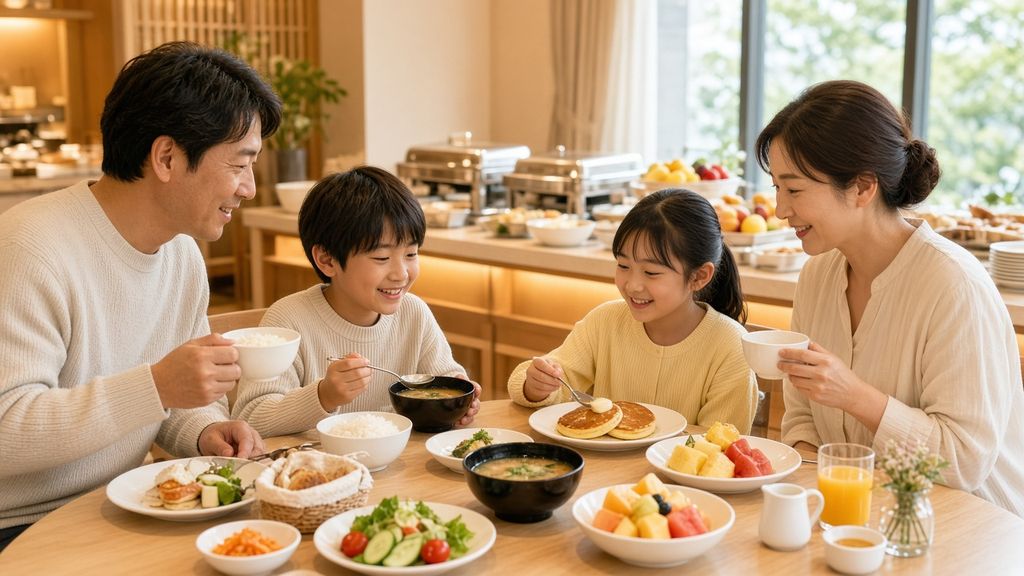 Illustrative AI image: a family of four smiling over a Japanese and Western breakfast in a hotel buffet restaurant
