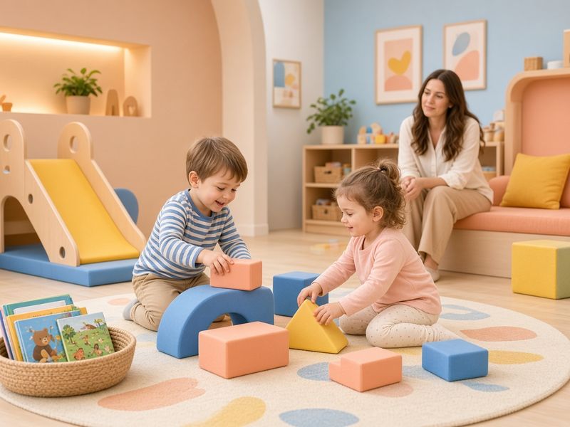 Illustrative AI image: two toddlers playing with soft blocks and a small slide in a pastel kids' play room while a parent watches